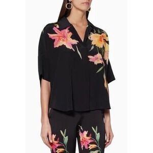 Etro 40 Black Itadaki Floral Print Short Sleeve Notch Collar Silk Shirt Top